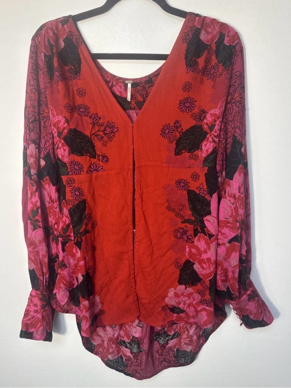 Free People Mikayla Floral Blouse Small Red Pink V-Neck Boho Tunic